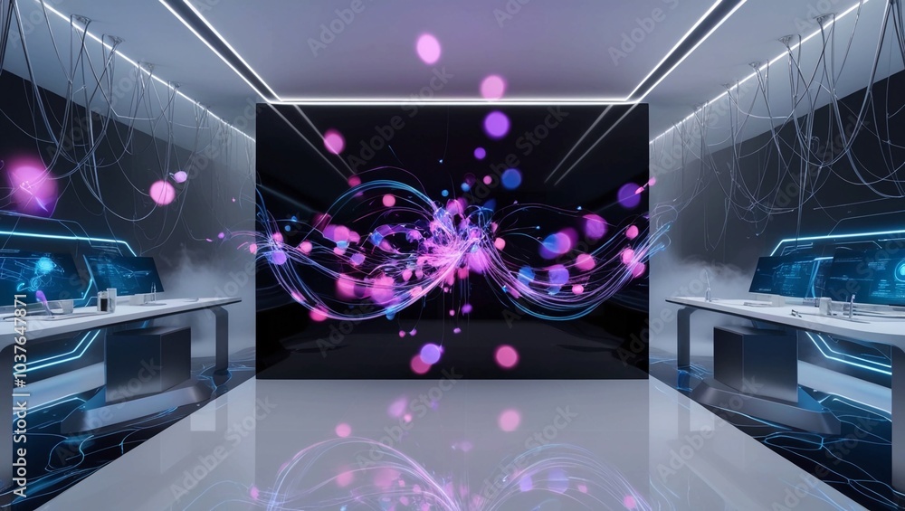 Poster bokeh lights in a tech setting, representing modern digital networks, communication technology, and 