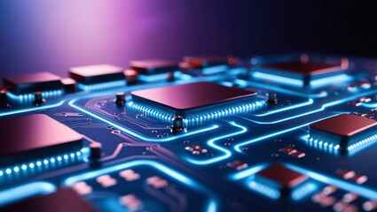   Closeup of a glowing circuit board, symbolizing advanced computing, technology, and digital systems
