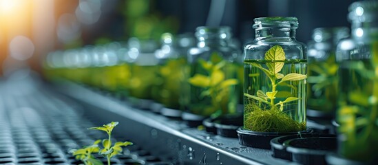 Green plants growing in glass jars in a lab.