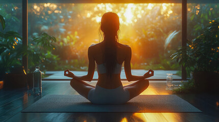 A young woman practicing yoga in a serene indoor space with large windows overlooking a lush, green garden, embodying peace and relaxation