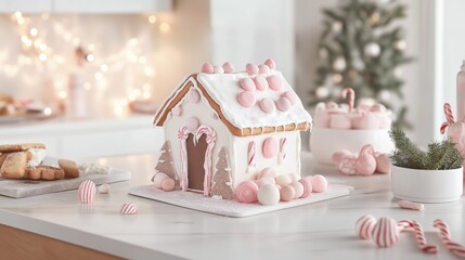 Gingerbread house with candy decorations in white and pink on kitchen countertop