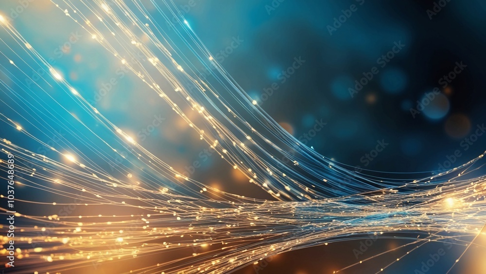 Poster streaming lines of digital data represented as light particles in a blue and gold abstract backgroun