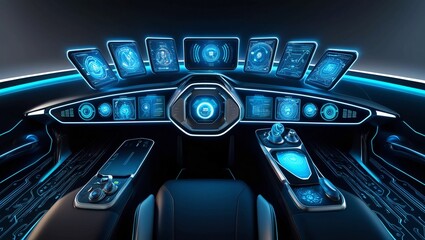   Closeup of a futuristic dashboard with blue glowing interfaces, representing cuttingedge technology, digital networks, and advanced computer systems