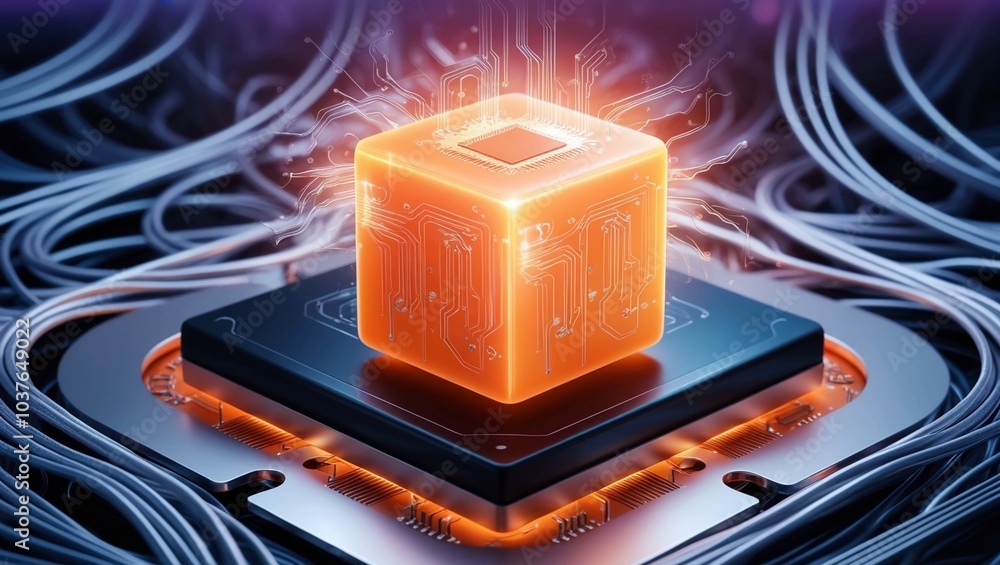 Poster glowing orange cube on a black microchip, representing advanced technology, artificial intelligence,
