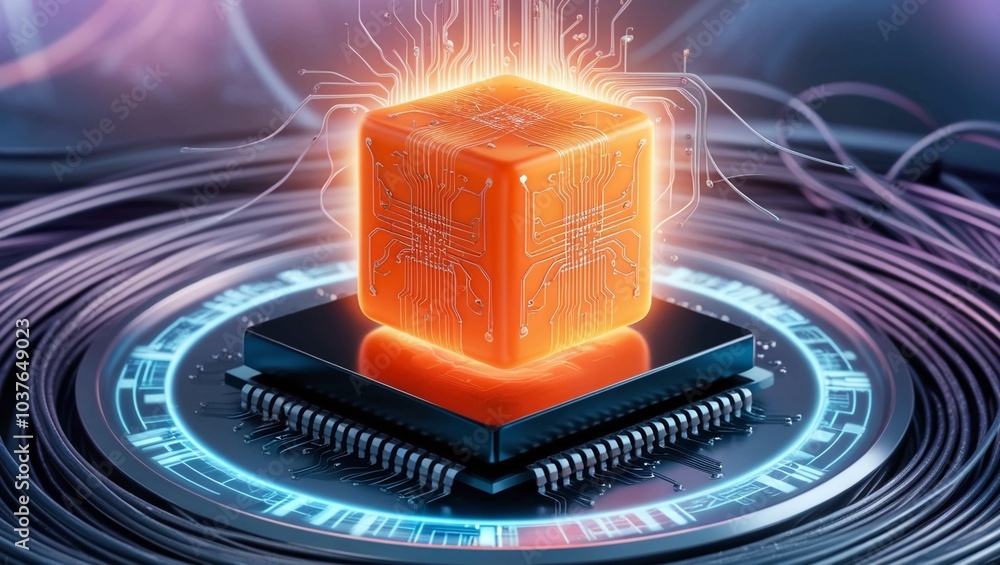 Poster glowing orange cube on a black microchip, representing advanced technology, artificial intelligence,