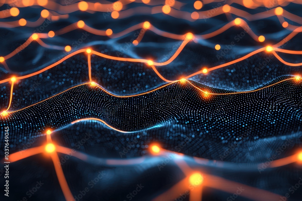 Poster 3D network structure with glowing points, abstract representation of digital connectivity