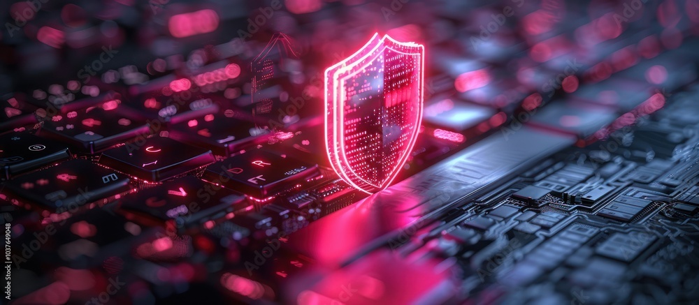Canvas Prints a glowing red shield emblem sits on a circuit board, symbolizing cyber security.