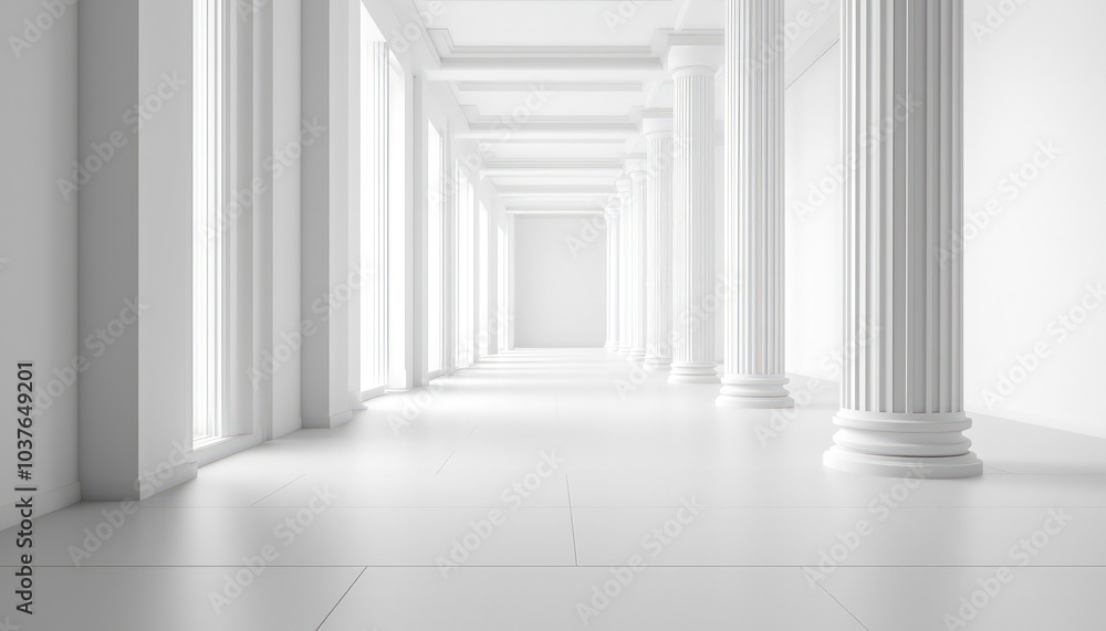 Poster a 3d rendered corridor with white pillars, creating a minimalist and futuristic architectural enviro