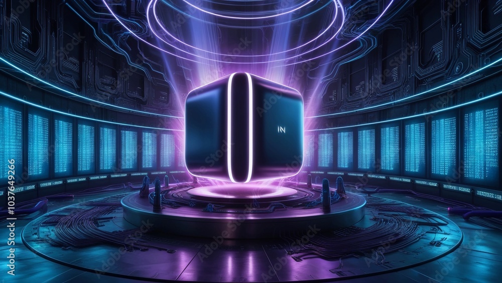 Poster futuristic glowing cube in a cybernetic space, representing modern technology, artificial intelligen