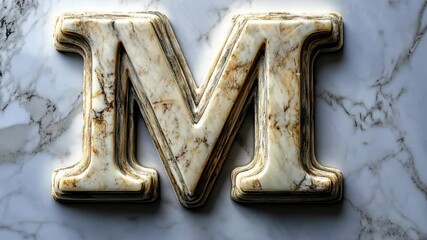 A marble letter M sits on a marble surface - Powered by Adobe