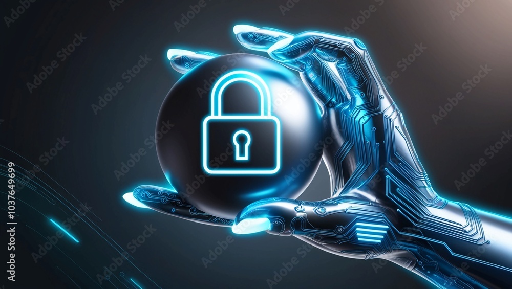 Poster digital hand with cyber lock symbol representing security in futuristic technology