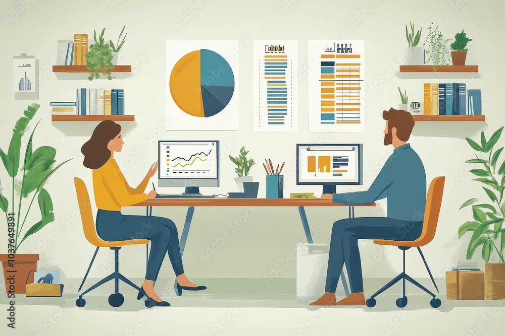 Poster collaborative office workspace with data analysis and green elements