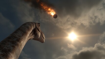 Cosmic collision: the fall of an asteroid with its fragments, depicting the destruction and chaos unleashed upon dinosaurs, symbolizing the end of an era through powerful imagery of nature's force.