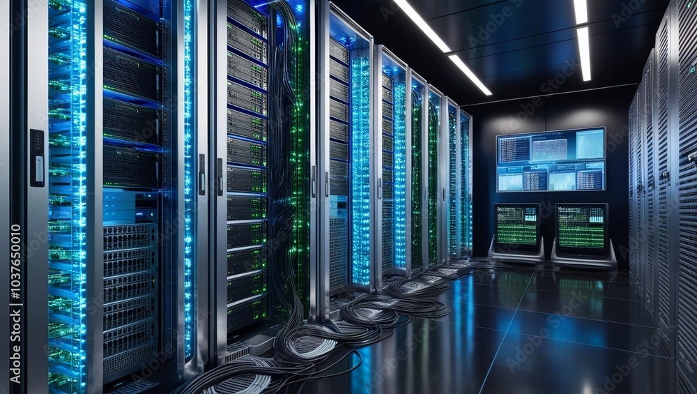 Poster hightech server room with glowing lights and complex digital equipment, data storage, cloud computin