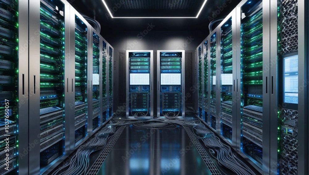 Poster hightech server room with glowing lights and complex digital equipment, data storage, cloud computin