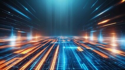   Digital landscape with glowing orange and blue grids, symbolizing the vastness of virtual networks, advanced computing, and futuristic technology environments