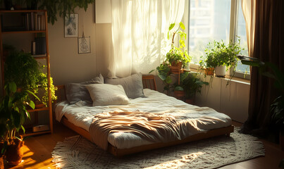 Cozy Bedroom Oasis: Sunlight streams into a bedroom filled with vibrant green plants and comfortable bedding, creating a serene retreat.