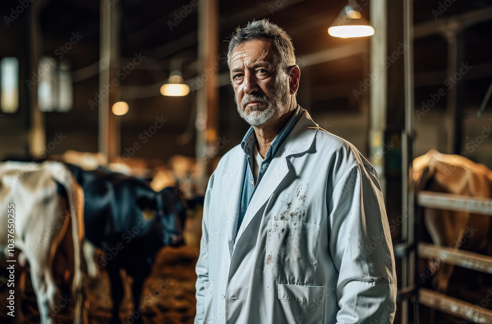 Poster man in a white lab coat stands in front of a group of cows. the cows are in a pen and are of differe