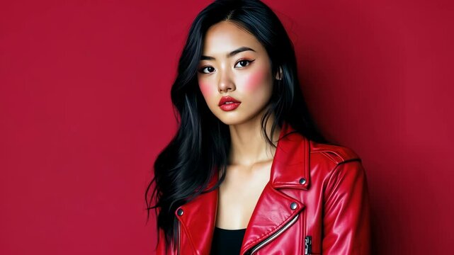 A woman with long black hair poses in front of a red background, wearing a red leather jacket