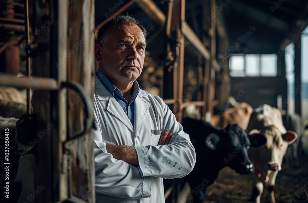 Poster man in a white lab coat stands in front of a cow. he is looking at the cow with a serious expression