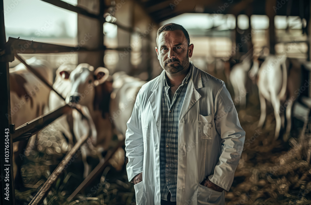 Poster man in a white lab coat stands in front of a group of cows. the cows are in a pen and are of differe