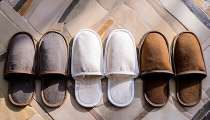 Fototapeta premium 3 pairs of slippers, room shoes, lined, white, brown, black, soft, stone floor, salon, spa, hotel, luxury, top view