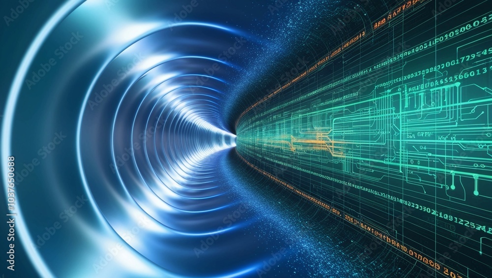 Poster glowing data tunnel in a hightech digital environment with blue and red light effects