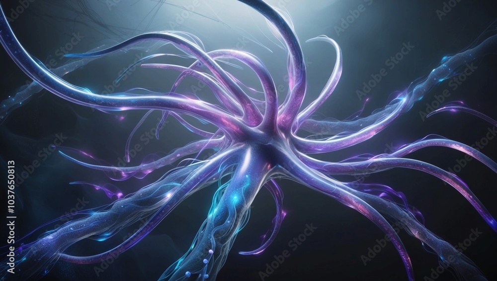 Poster digital neural network with abstract connections and glowing data streams in blue and purple