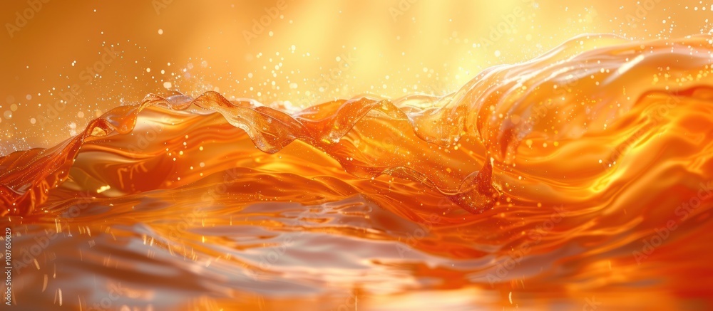 Aufkleber close-up of orange liquid with light reflecting on the surface, sparkling and rippling, creating a w