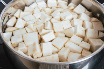 Boiling Celeriac Cubes in Water for Mashed Preparation