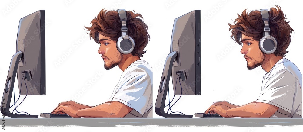 Aufkleber Two men wearing headphones using computers, one on the left looking at the computer screen and one on the right looking to the right.