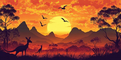 Fototapeta premium A stunning sunset paints the Australian outback, where kangaroos roam freely amidst mountains and trees. This vector illustration captures the beauty of the Australian wilderness.
