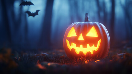 Naklejka premium Halloween Scene with Glowing Jack O Lantern in Forest