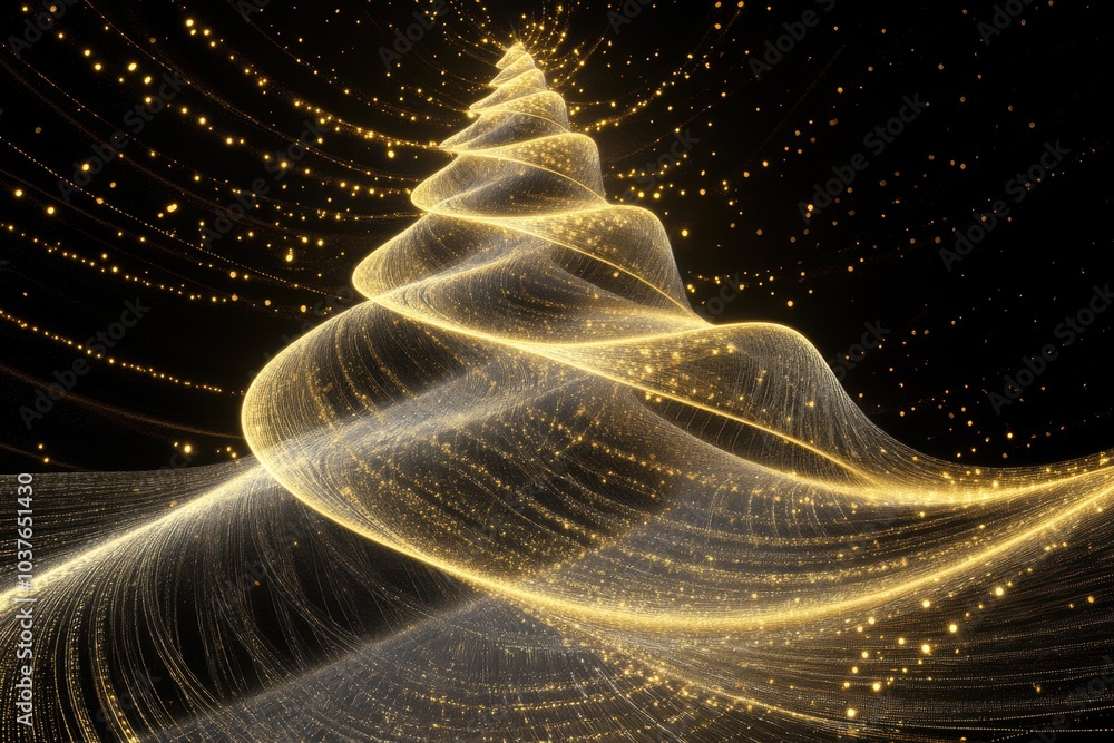 Poster the artwork showcases a beautifully abstract christmas tree with flowing golden lines and shimmering