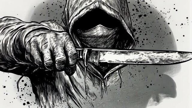 A hand holding a knife in a menacing way, the person's face is obscured by a hood
