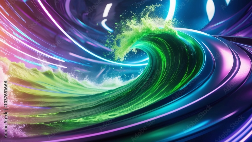 Poster green wave of digital particles flowing in a futuristic abstract setting
