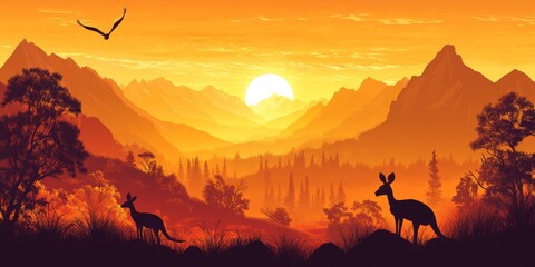 Obraz premium A stunning sunset paints the Australian outback, where kangaroos roam freely amidst mountains and trees. This vector illustration captures the beauty of the Australian wilderness.