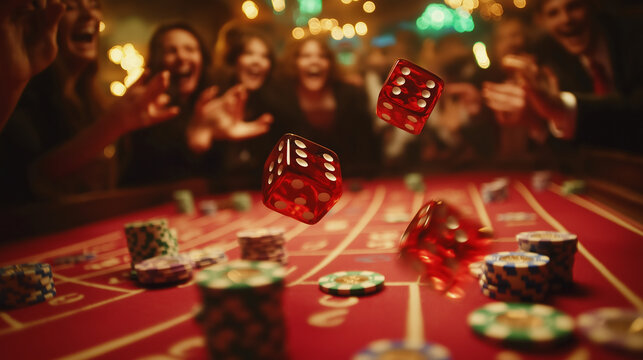 A fast-paced shot of dice being thrown across the craps table, surrounded by cheering players