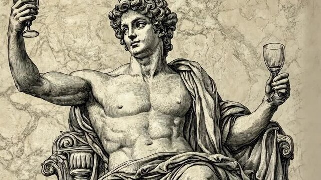 A black and white illustration of Bacchus, the Roman god of wine, seated on a throne and holding two wine glasses