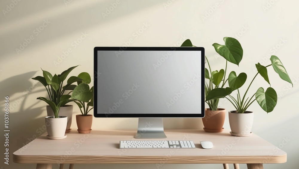 Poster minimalist workspace with computer monitor and plants on the desk