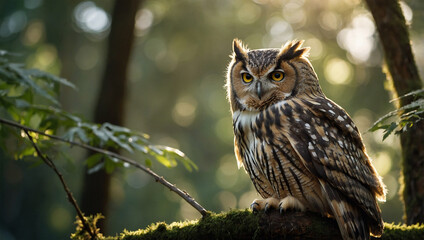 Fototapeta premium Close-up of an owl perched on a branch, with soft sunlight filtering through the forest canopy.
