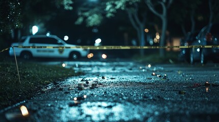 A crime scene with police tape and evidence markers, representing the aftermath of a violent crime