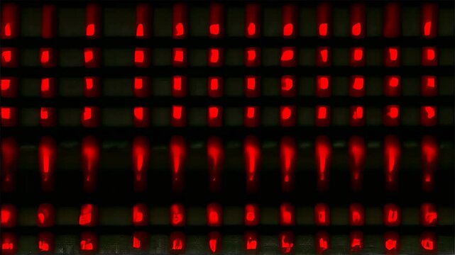 Abstract futuristic digital matrix with glowing red lines, dots, and dashes scattered across dark black background. The red symbols create sense of encrypted data, hacking, or digital communications