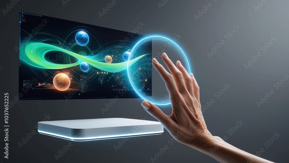Poster hand interacting with a futuristic digital interface with data visualizations