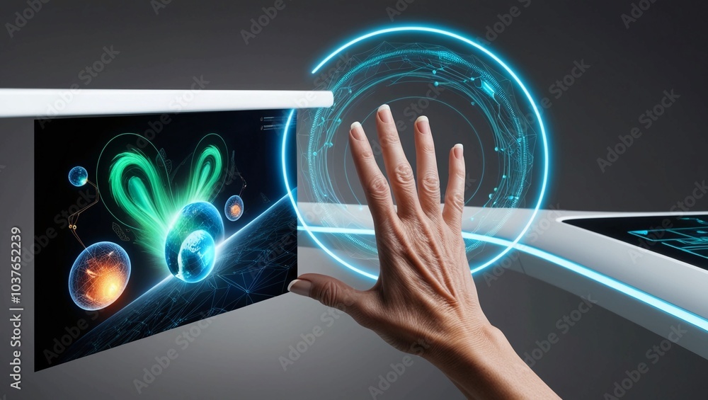 Poster hand interacting with a futuristic digital interface with data visualizations