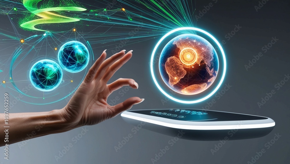 Poster hand interacting with a futuristic digital interface with data visualizations