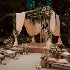 Elegant outdoor wedding altar decorated with draped fabric, flowers, and candles, nestled in a lush garden setting.