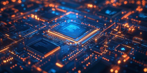 A futuristic image of a circuit board, filled with glowing blue lines and electronic components. The board shows a chip, processor, and semiconductor, highlighting the heart of technology. 