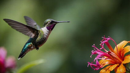 Fototapeta premium Hummingbird mid-flight, sipping nectar from a vibrant flower, with a blurred garden background.