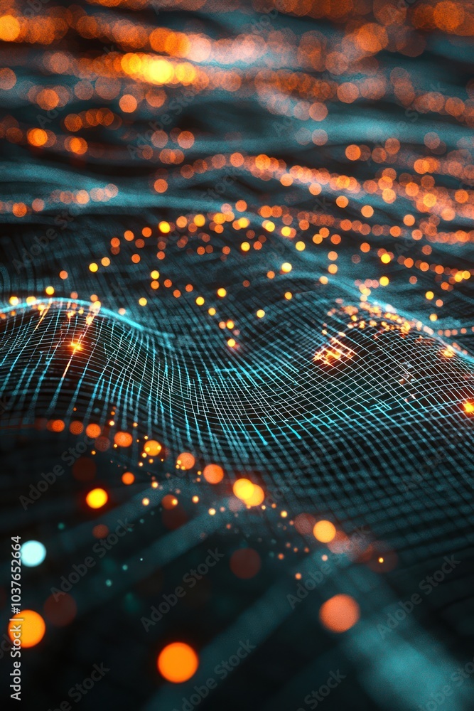 Wall mural 3d grid glowing with connectivity, symbolizing digital networks and waves, envisioned through .